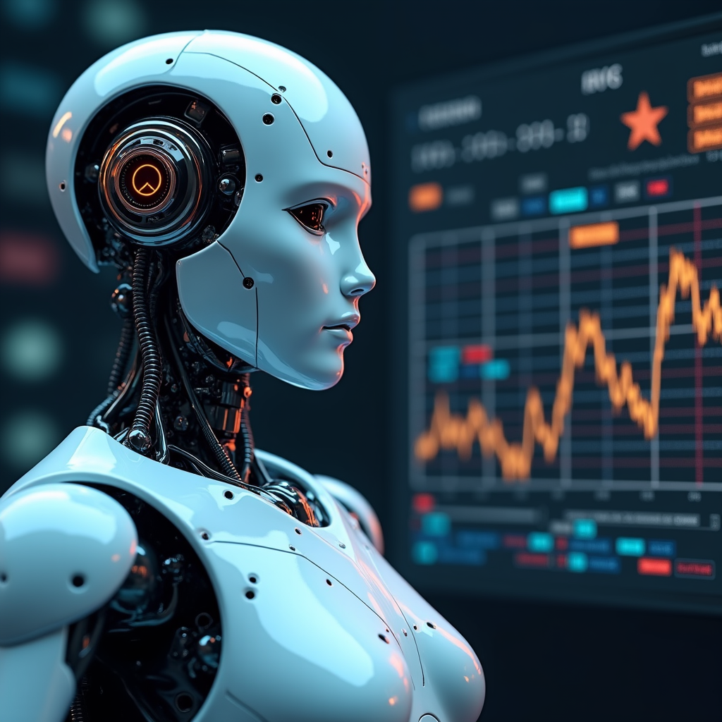 Robot cerdas dengan chip sirkuit yang bersinar, di latar belakang mesin slot digital berkilauan