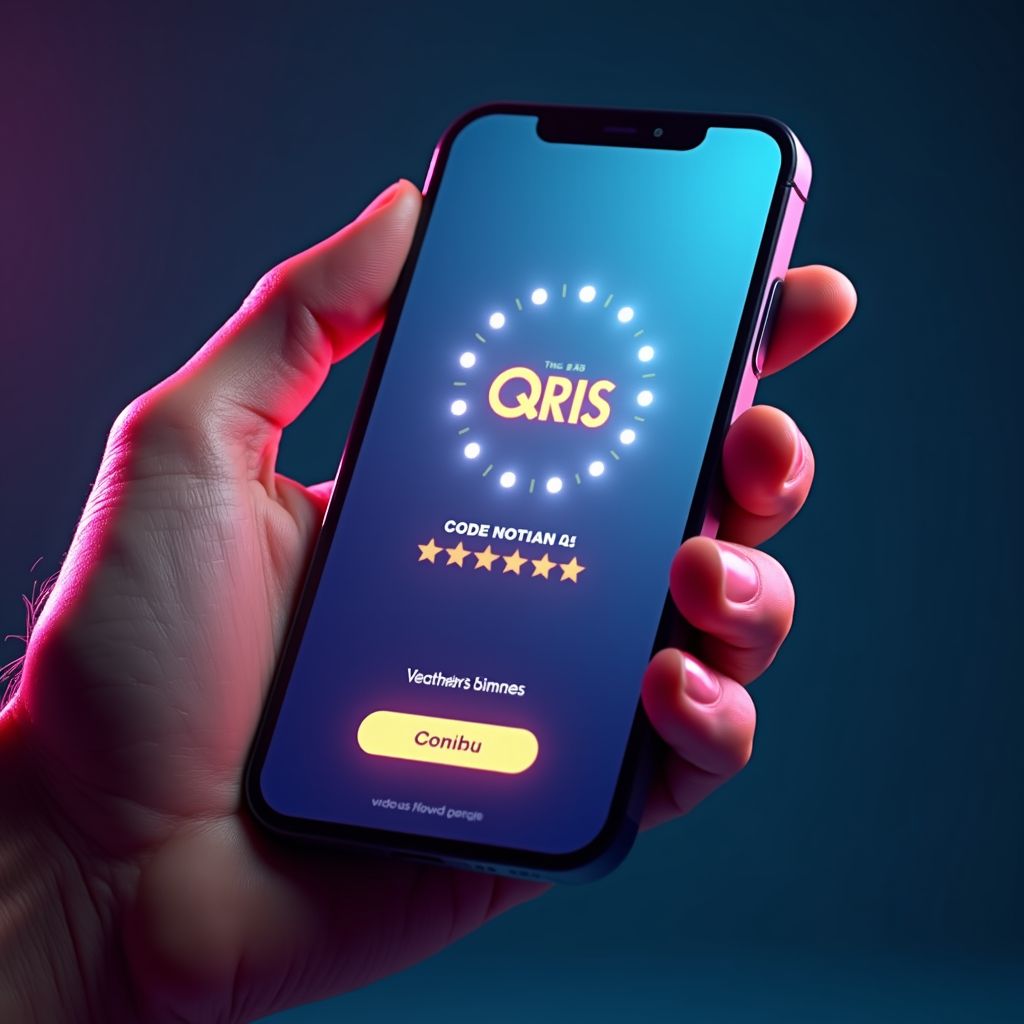 Tangan memegang smartphone dengan kode QRIS dan ikon e-wallet