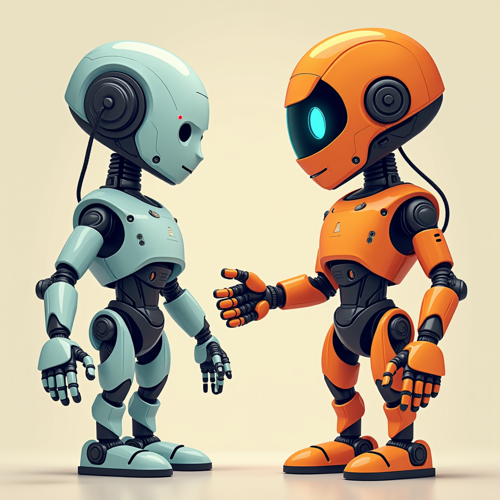 Ilustrasi dua sisi: satu sisi robot AI dengan tangan terborgol, sisi lain mesin slot dengan tanda tanya besar