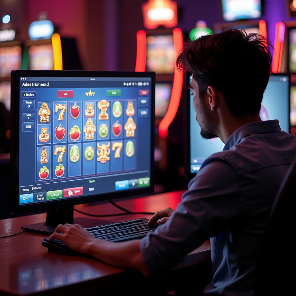 Pemain slot merencanakan strategi di depan komputer