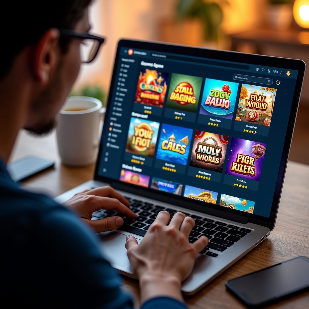 Pemain melakukan riset slot RTP tinggi di laptop