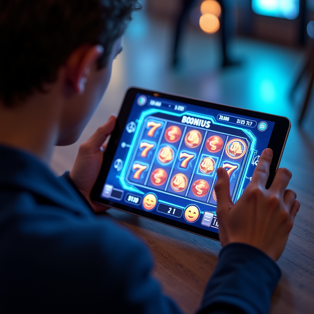 Player using AI-powered slot game on tablet